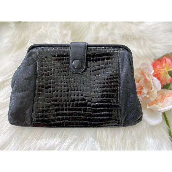 Vtg Jennifer Moore Blk Leather Reptile Clutch Bag - Picture 12 of 12